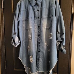 Women's Distressed Denim Button Down Shirt